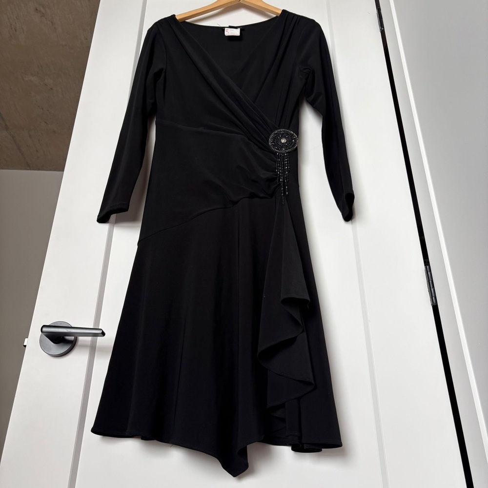 Frank Lyman Design Black Faux Wrap Long Sleeve Dress | Size 10 | Made in Canada